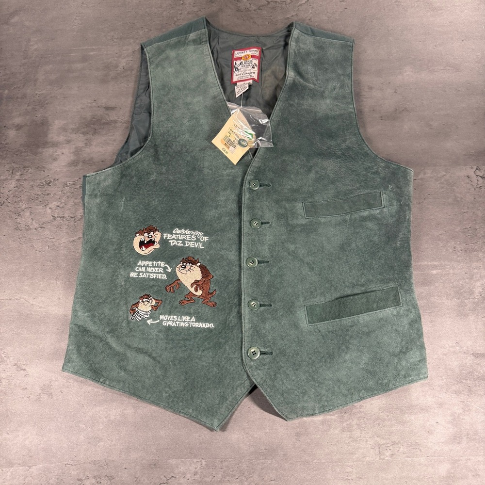 Looney Tunes Taz Tasmanian Devil Green Suede Leather Vest Mens Small NWT Vintage